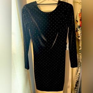 Express black velvet long sleeve dress with gold beading.